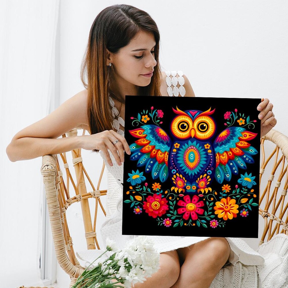 Owl Mandala Mexican Folk Art Colorful Floral Black Background Wall Poster - Image 3