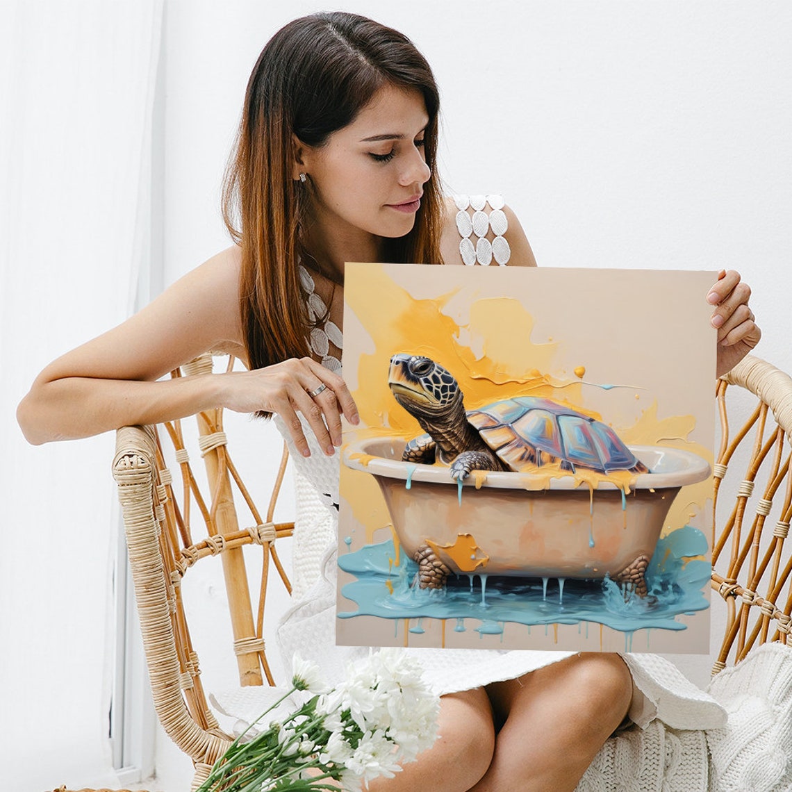 Sea Turtle Bathing in Bathtub Blue Splashes Playful Watercolor Poster - Image 3