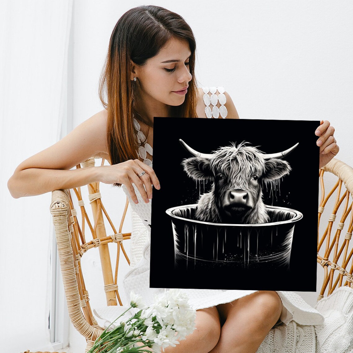 Highland Cow In Bucket Black White Whimsical Wall Art Poster - Image 3