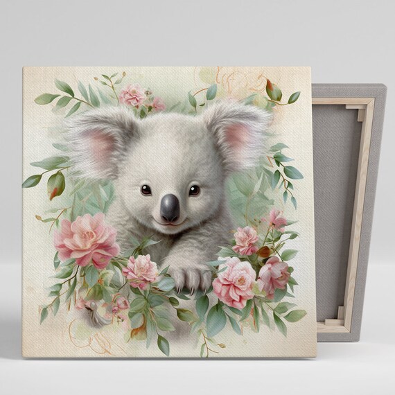 Sweet Koala Surrounded by Pink Roses Floral Nursery Wall Art Poster
