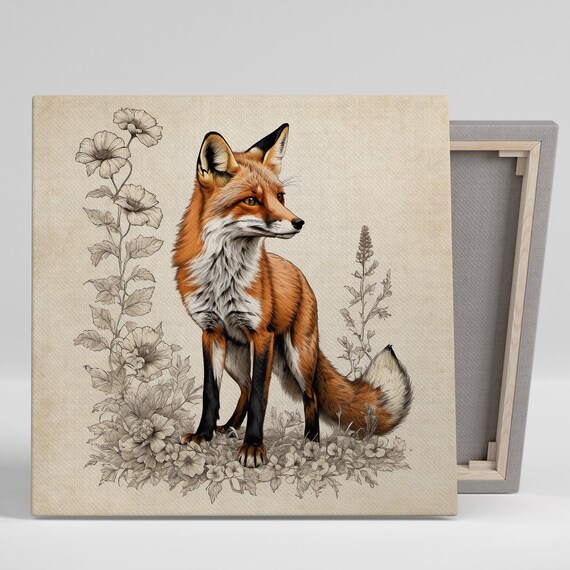 Red Fox Standing Among Wildflowers Vintage Botanical Illustration Poster