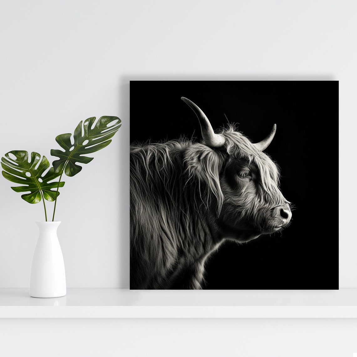Highland Cow Black White Profile Dramatic Minimalist Wall Art - Image 2