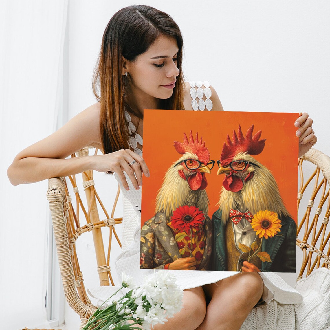 Scholarly Roosters In Bloom, Whimsical Retro Art Print - Image 3