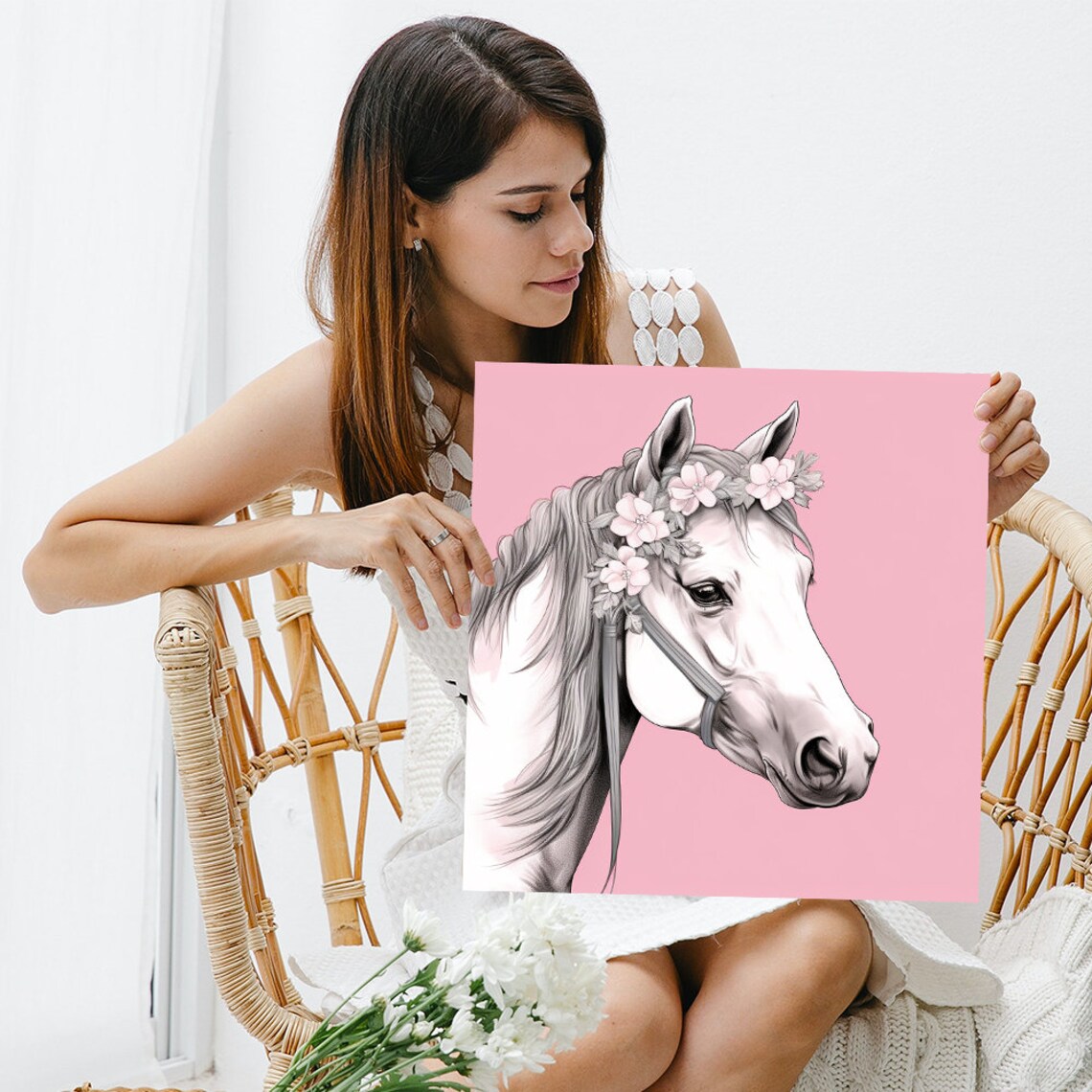 White Horse Flower Crown Portrait Pink Whimsical Equestrian Poster - Image 3