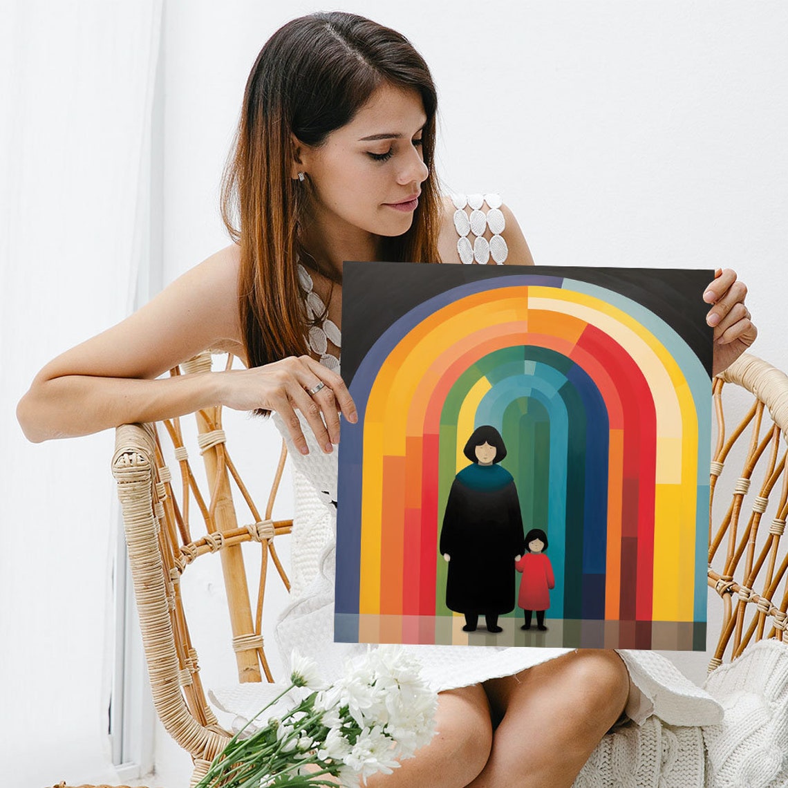 Naive Folk Art Mother And Child Under Rainbow Arch Color Poster - Image 3