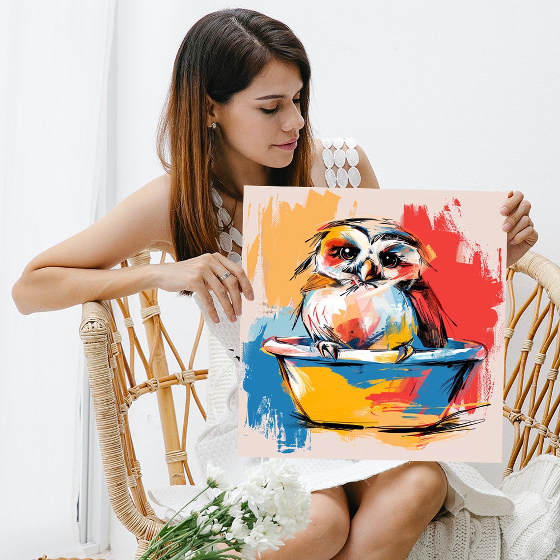 Cute Baby Owl In Bowl Colorful Watercolor Whimsical Bird Poster - Image 3