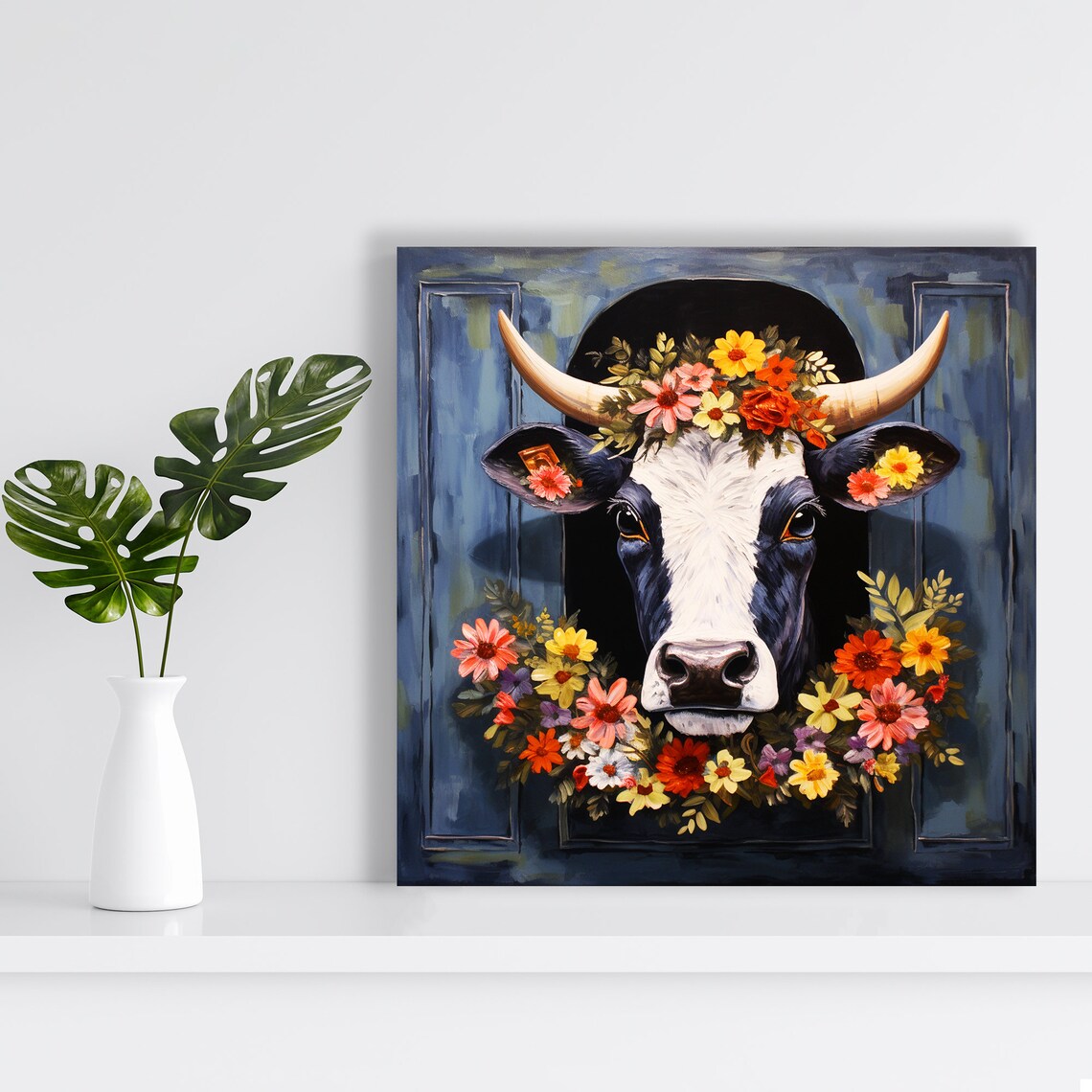 Cow With Floral Crown In Barn Door Blue Farmhouse Wall Poster - Image 2