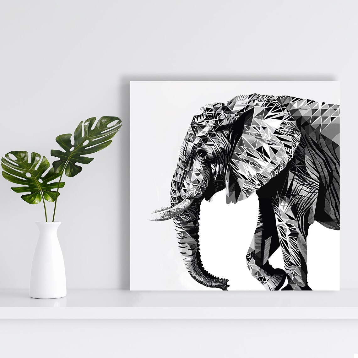Geometric Polygon Elephant Black And White Modern Abstract Line Art Poster - Image 2
