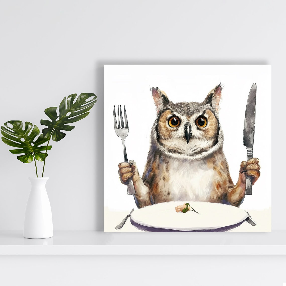 Funny Owl Holding Fork and Knife at Dinner Table Kitchen Wall Poster - Image 2
