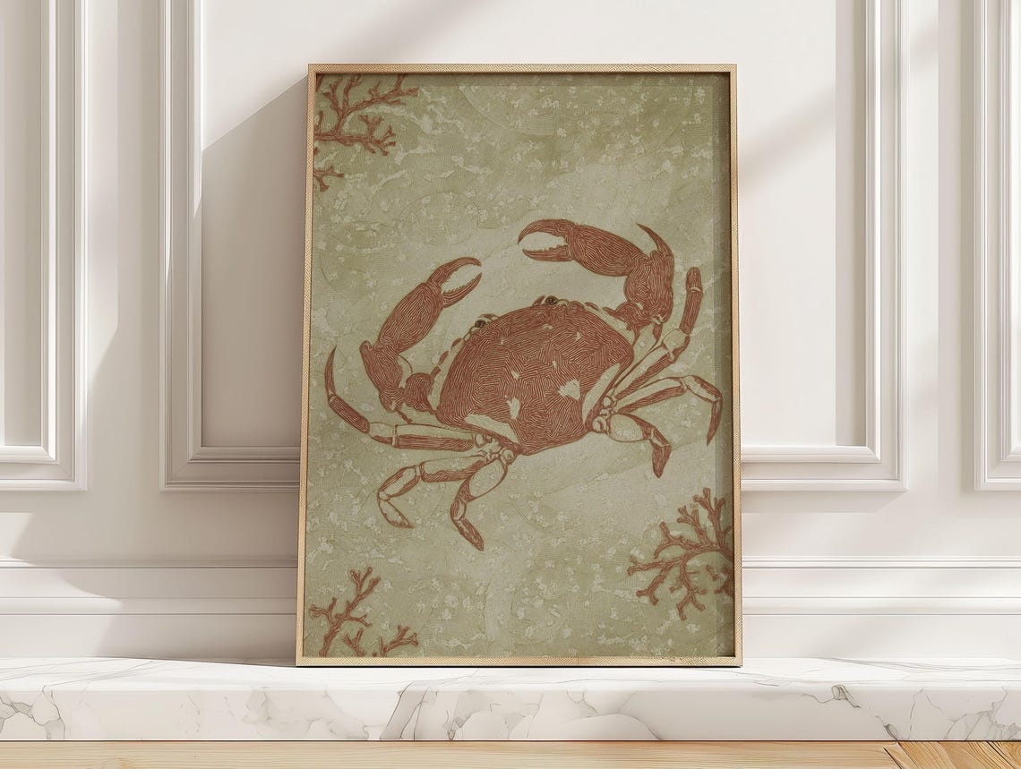 Rust Red Crab Coral Branches Antique Japanese Ocean Art Poster
