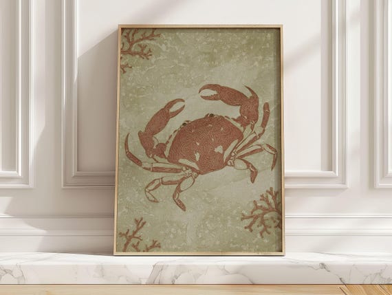 Minimalist Ocean Crab Poster Soft Coral Branches And Sea Life Art Print Modern Coastal Living Room Wall