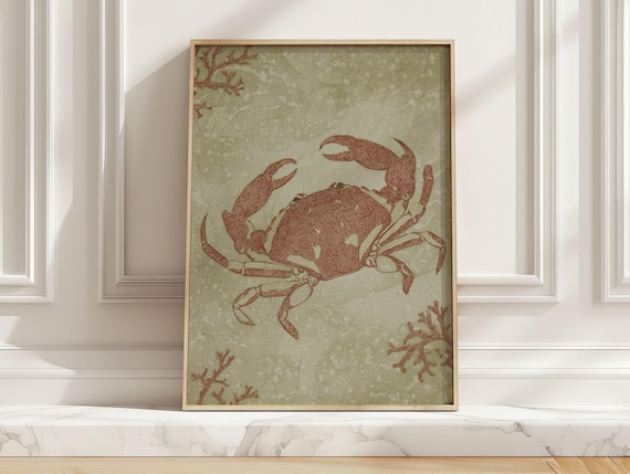 Rust Red Crab Coral Branches Antique Japanese Ocean Art Poster