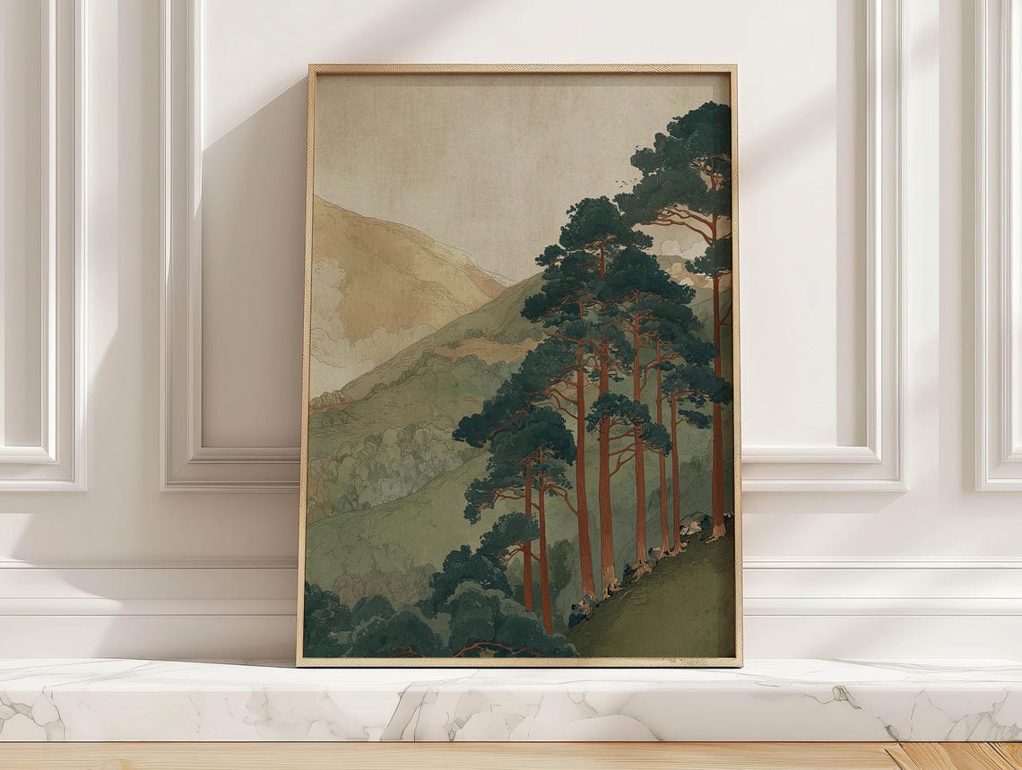 Japanese Pine Trees On Misty Mountain Slope Vintage Forest Poster