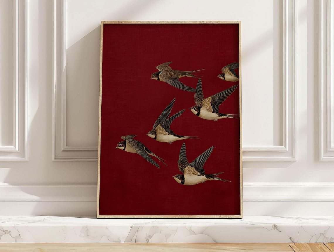 Minimal Swallow Bird Poster Print, Japanese Flying Swallows