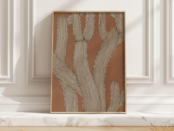 Modern Minimalist Cactus Line Art Print Neutral Earth Tone Saguaro Poster For Western Bedroom