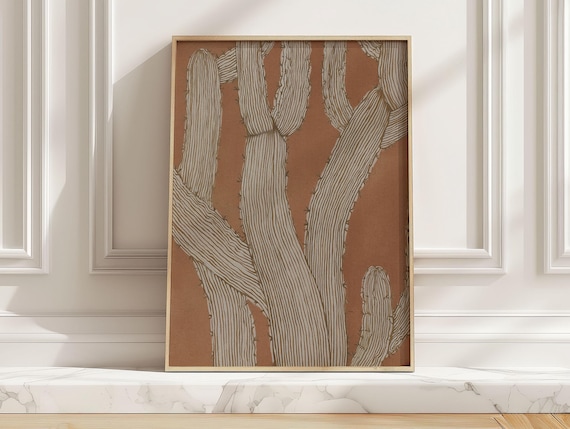 Modern Minimalist Saguaro Cactus Line Art Terracotta Desert Poster