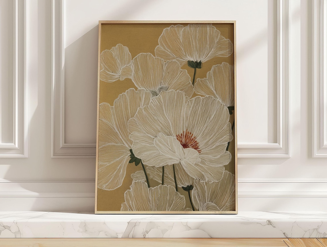 White Boho Flowers On Beige Background, Wall Art Print