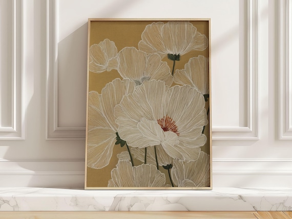 White Boho Flowers On Beige Background, Wall Art Print