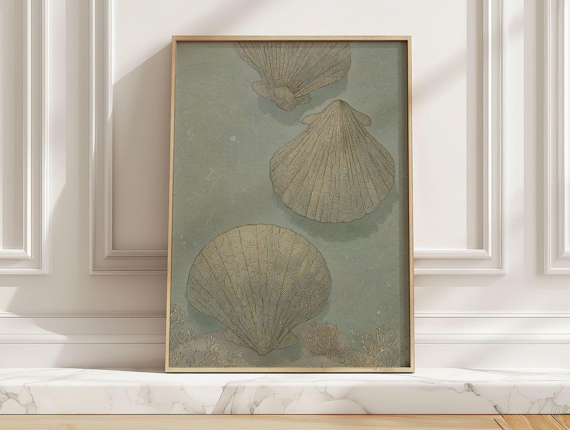 Light Blue Scallop Seashells Vintage Coastal Shell Artwork Poster