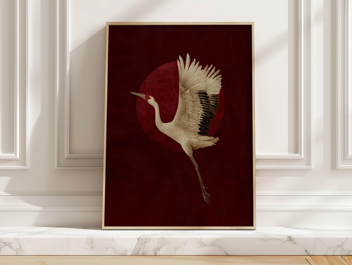 Japanese Red Crowned Crane Flying Over Red Sun Elegant Bird Poster
