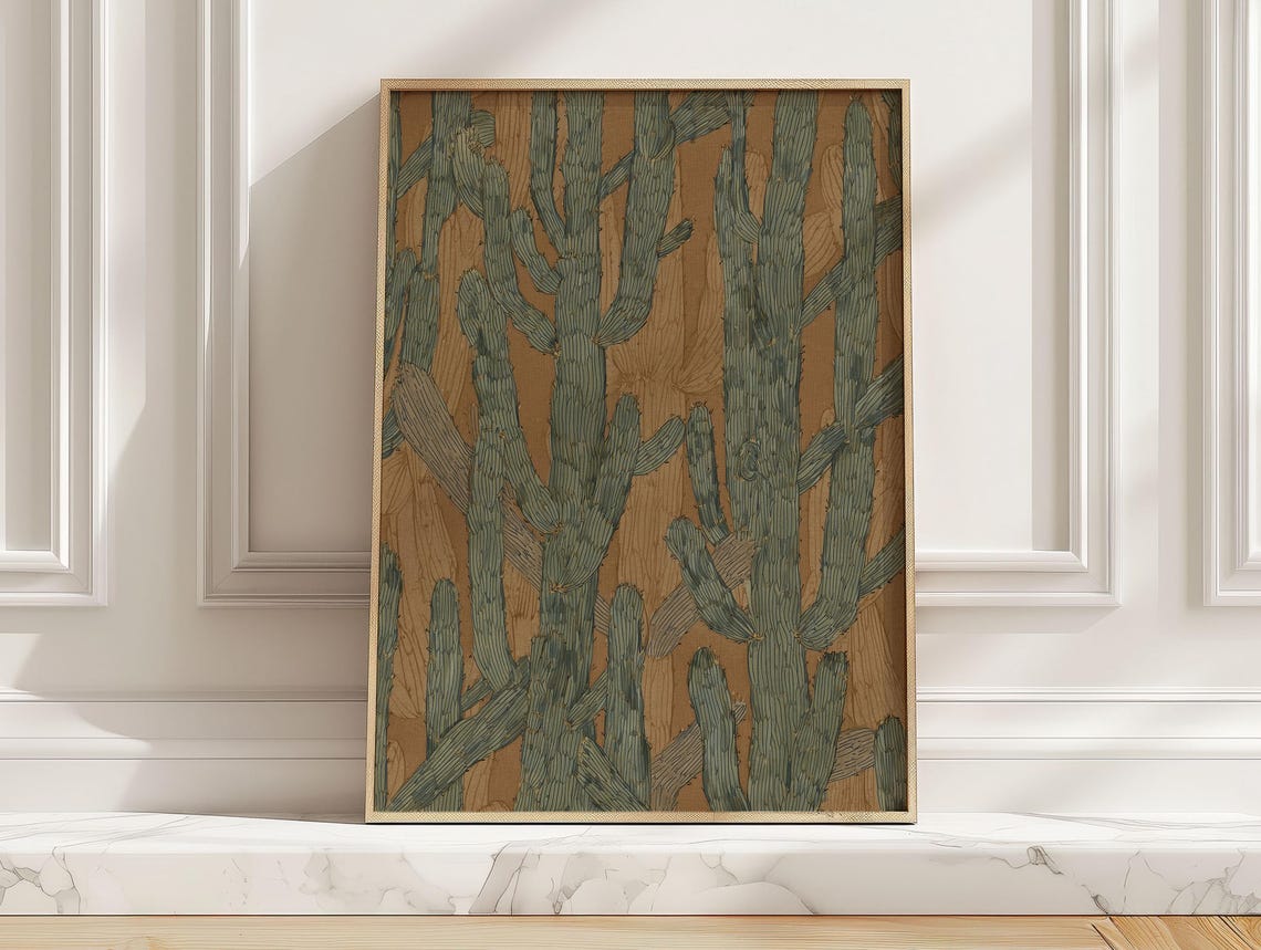 Modern Abstract Cactus Green Gold Southwest Desert Plant Poster