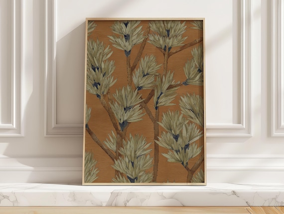 Pine Branches Earthy Midcentury Botanical Ochre Foliage Illustration Poster