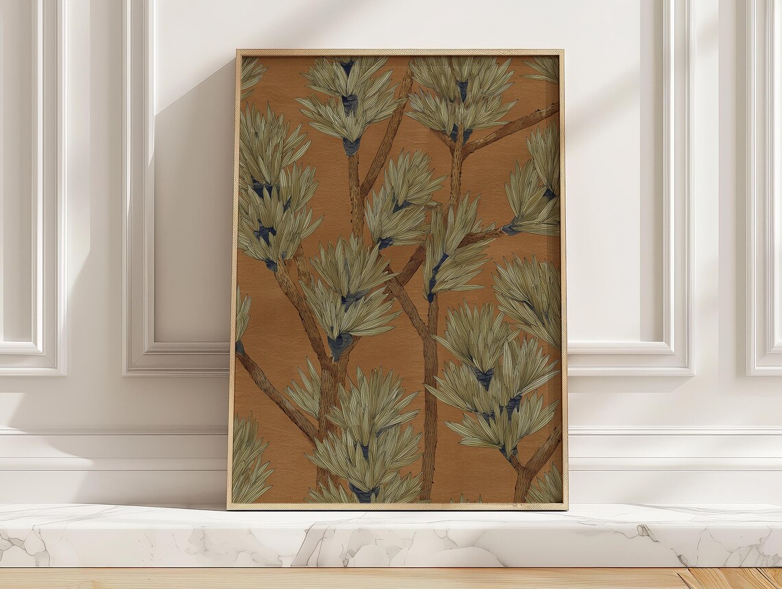 Pine Branches Earthy Midcentury Botanical Ochre Foliage Illustration Poster