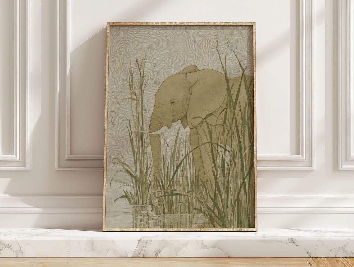 Calm Safari Elephant By The River Jungle Wildlife Art Poster