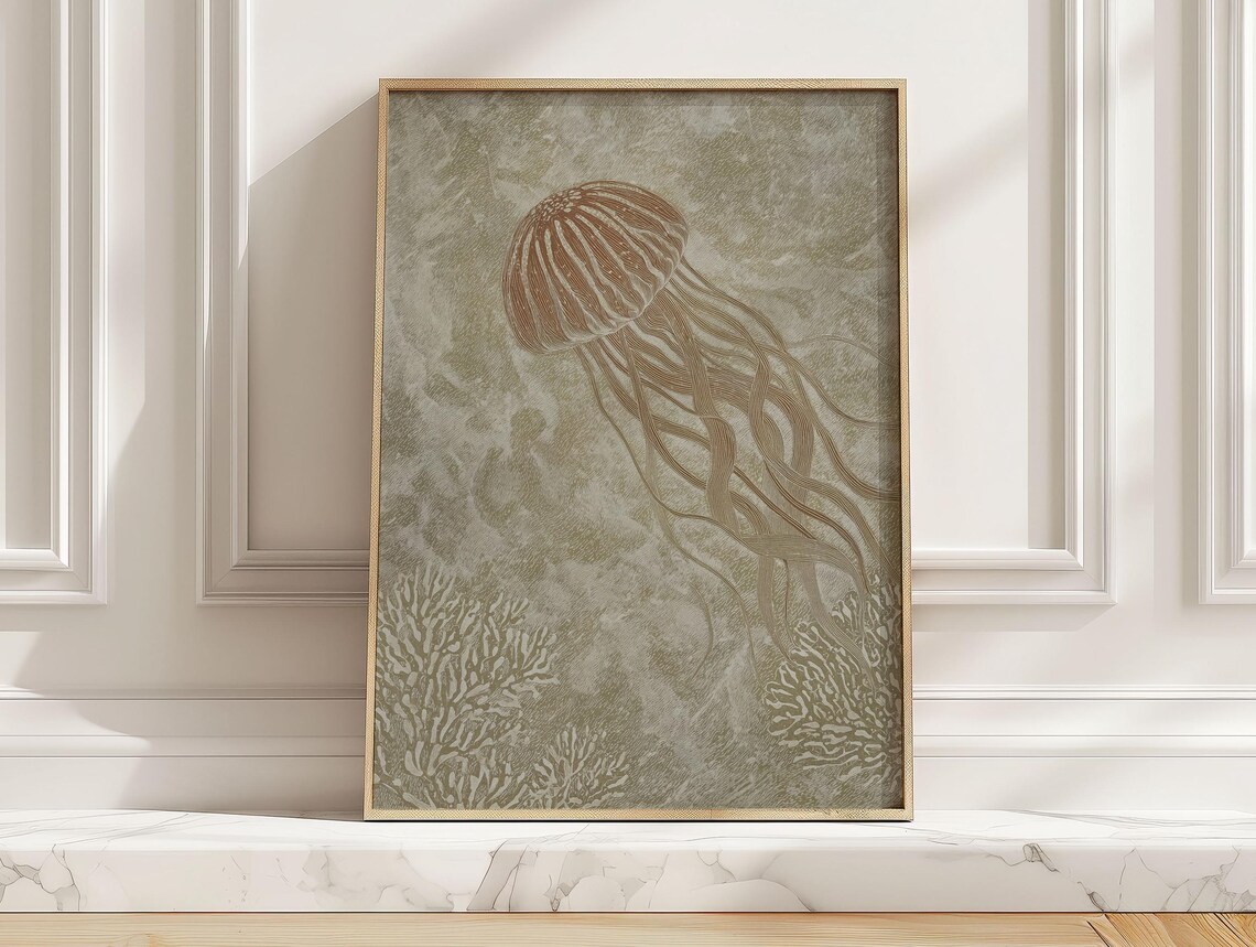 Amber Jellyfish Vintage Coral Reef Sea Japanese Style Art Poster