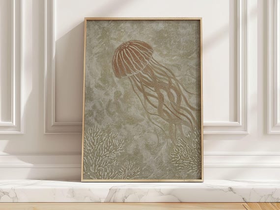 Minimal Jellyfish Illustration Art Print Vintage Coral Sea Life Poster Earthy Beige Ocean Wall