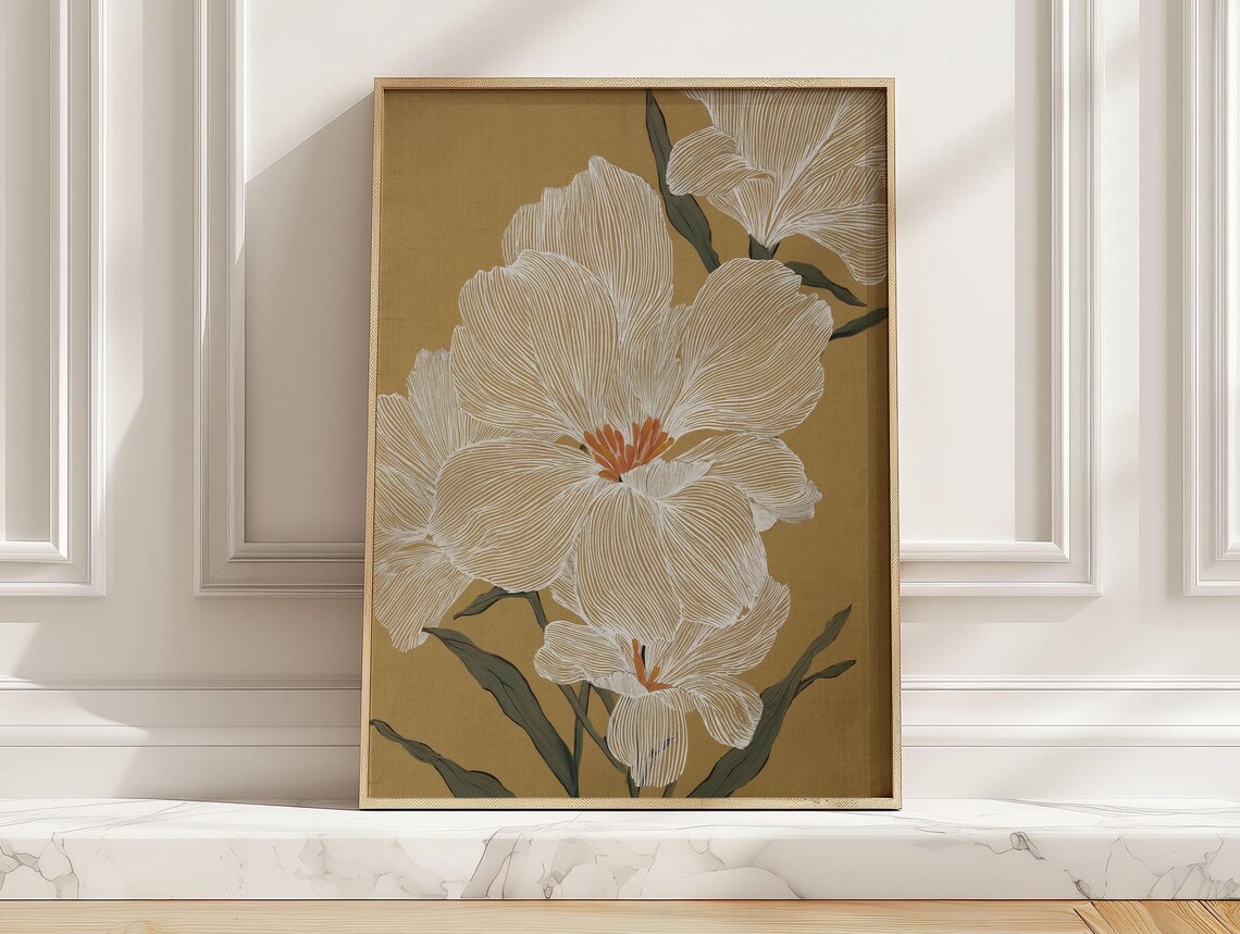 Ivory Linework Flowers Art Print, Minimal Japandi Floral