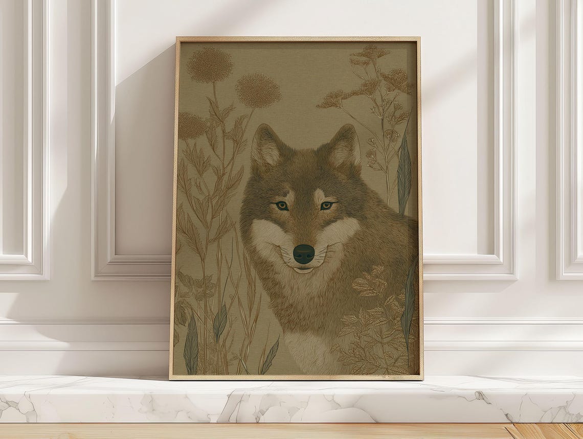 Rustic Wolf Portrait Among Sepia Wildflowers Vintage Woodland Poster