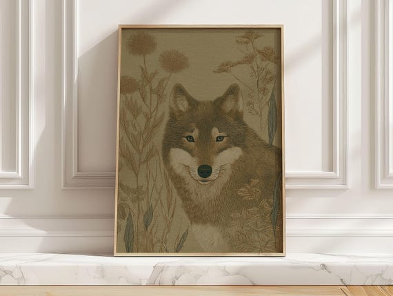 Vintage Wolf Art Print Rustic Woodland Wildflower Poster Minimal Wildlife Cabin Wall For Hallway Entryway