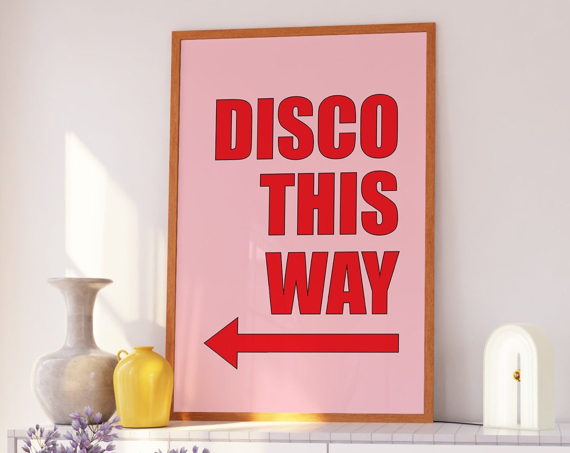 Disco This Way Hot Pink Retro Party Direction Arrow Quote Poster - Image 2