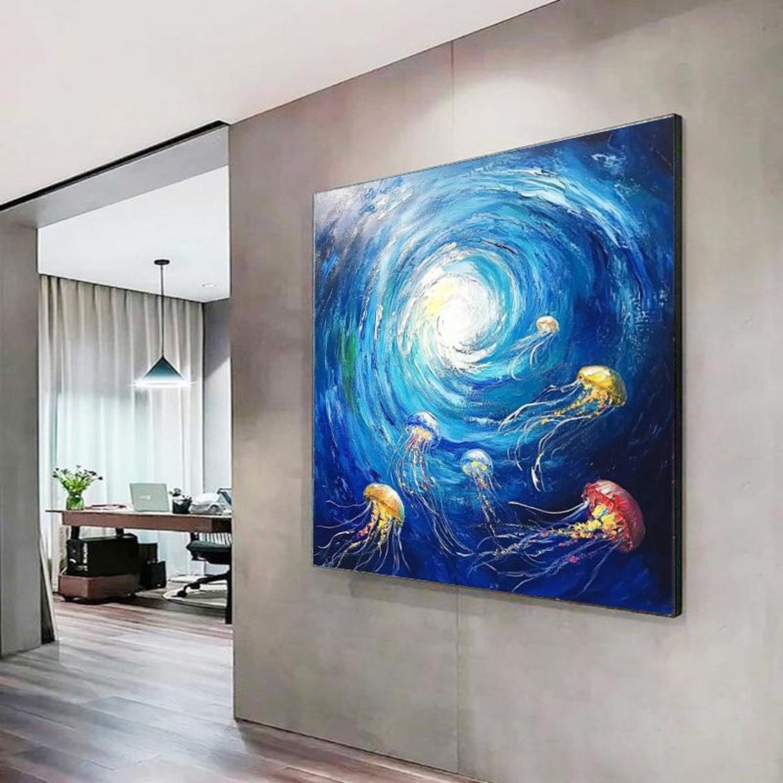 Ocean Whirlpool Jellyfish Swirl Blue Abstract Painting Poster - Image 2