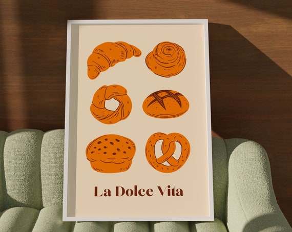 La Dolce Vita Print Retro Kitchen Wall Art Pastry Poster Italian The Sweet Life Typography Croissant Pretzel Muffin Bread Bun