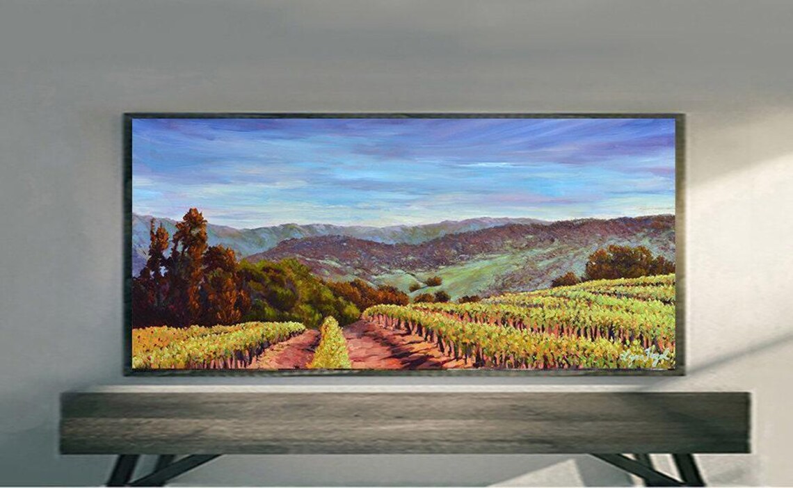 Wine Country Vineyard Rows Golden Autumn Hills Painting Poster
