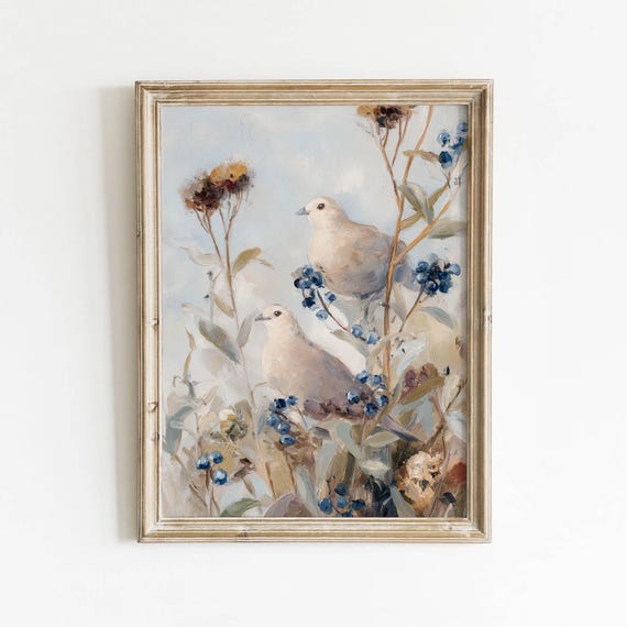 Muted Blue Cream White Dove Blueberry Printable Vintage Floral Wall Art Dried Wildflower Decor Neutral Bedroom Painting Download 624