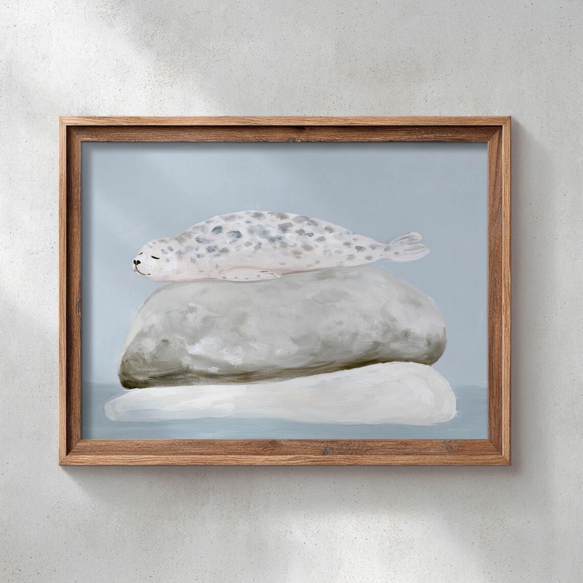 Spotted Baby Seal on Gray Rocks Watercolor Coastal Nursery Poster