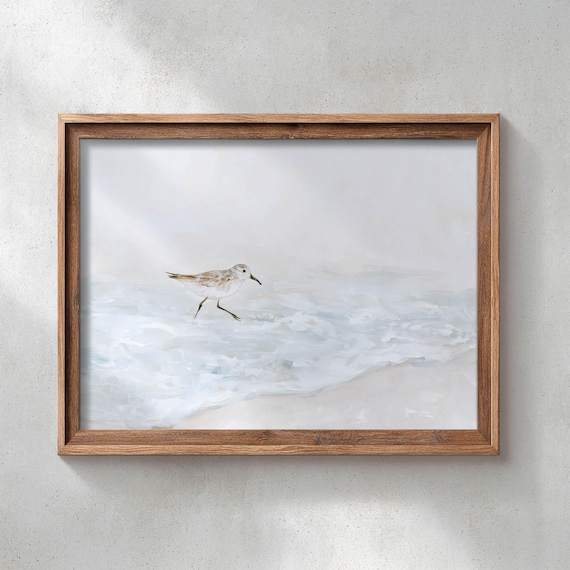 Printed Sandpiper Shorebird Beach Wall Art Coastal Landscape Painting Watercolor Seascape Decor Neutral Print Serene Ocean 0696