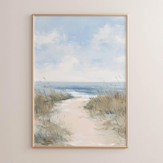 Printed Coastal Beach Path To Ocean Muted Neutral Landscape Art Serene Seaside Wall Decor Cottage Aesthetic Sandy Dunes Painting 0718