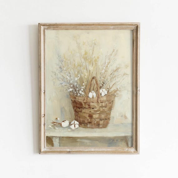 Vintage Dried Botanical Basket Printable Taupe Farmhouse Wall Art Neutral Cottage Decor Rustic Flowers Print Digital Download 512