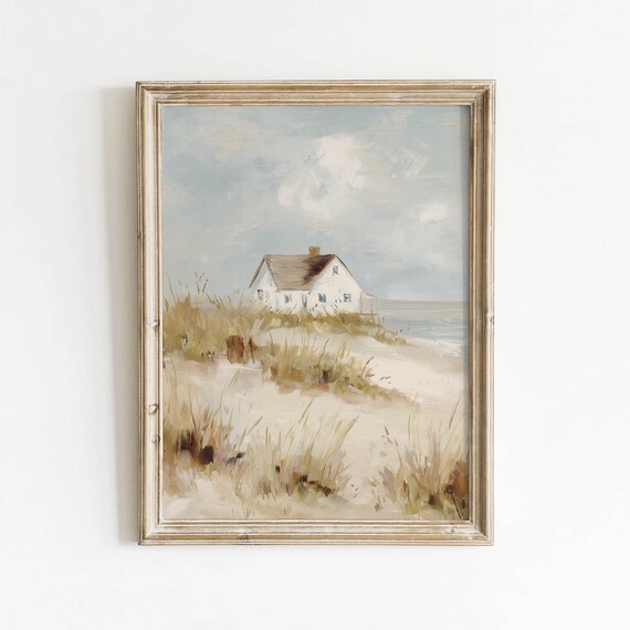 Beach Cottage on Sandy Dunes Seaside House Oil Painting Wall Art