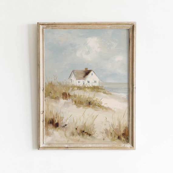 Coastal Cottage On Sandy Dunes Printable Neutral Beach House Wall Art Vintage Seaside Decor Cream Tan Pale Blue Download 416