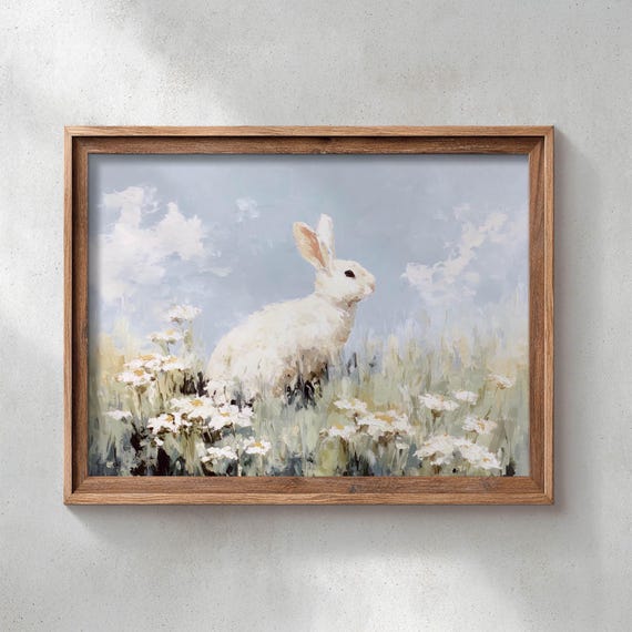 White Rabbit In Blue Meadow Spring Art Cottagecore Nursery Wall Decor With Daisies Cozy Springtime Vibes Painterly Textures P131