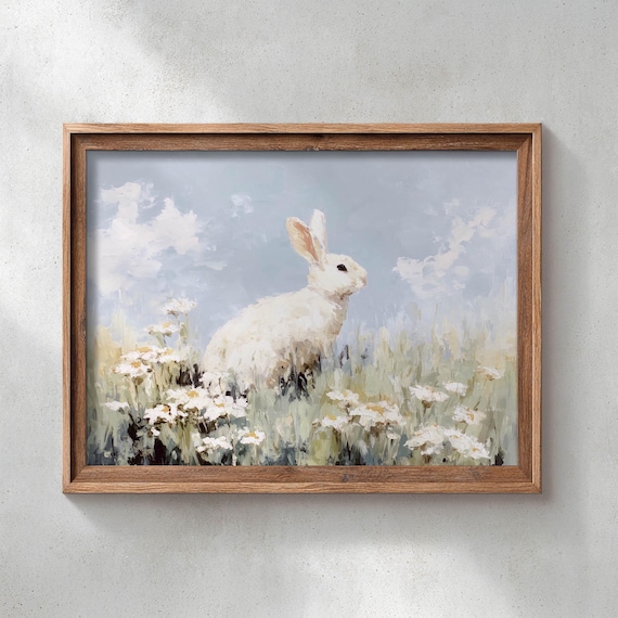 White Rabbit In Wildflower Meadow Spring Cottagecore Nursery Poster