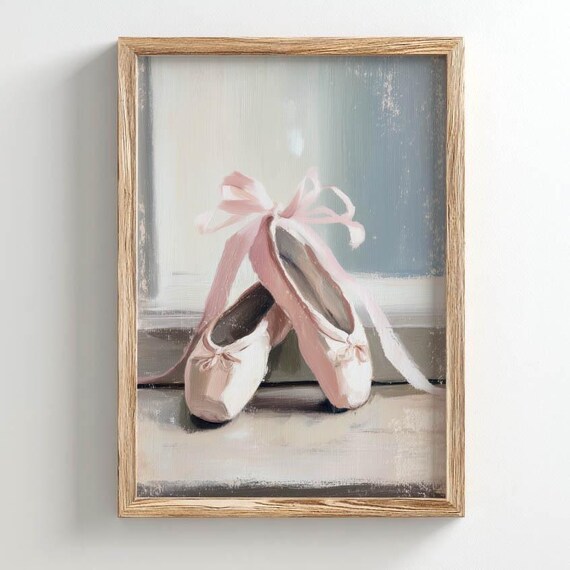 Printed Ballet Slippers With Satin Ribbons Art Poster Pale Pink Vintage Shabby Chic Painterly Still Life Bedroom Wall Decor P263