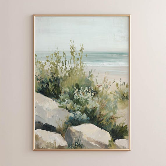 Printed Coastal Beach Dunes Wildflowers Landscape Wall Art Sage Green Neutral Summer Decor Serene Ocean Painting P439