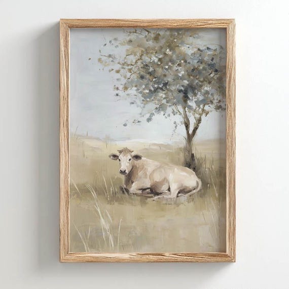 Printed Cream Cow Resting Golden Meadow Rustic Neutral Tones Vintage Country Landscape Muted Tan Brown Blue Oil Painting Style 0514