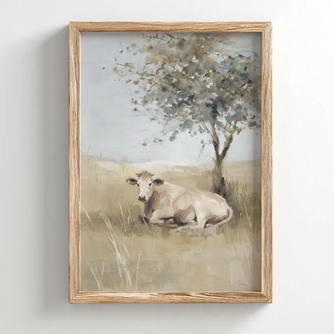 Cream Cow Resting Under Tree Golden Meadow Vintage Farm Animal Wall Art